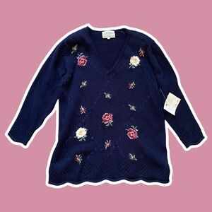 NWT ~ VTG ~ 1990s ~ Susan Bristol ~ Navy Sweater ~ Embroidered Flower ~ Size L
